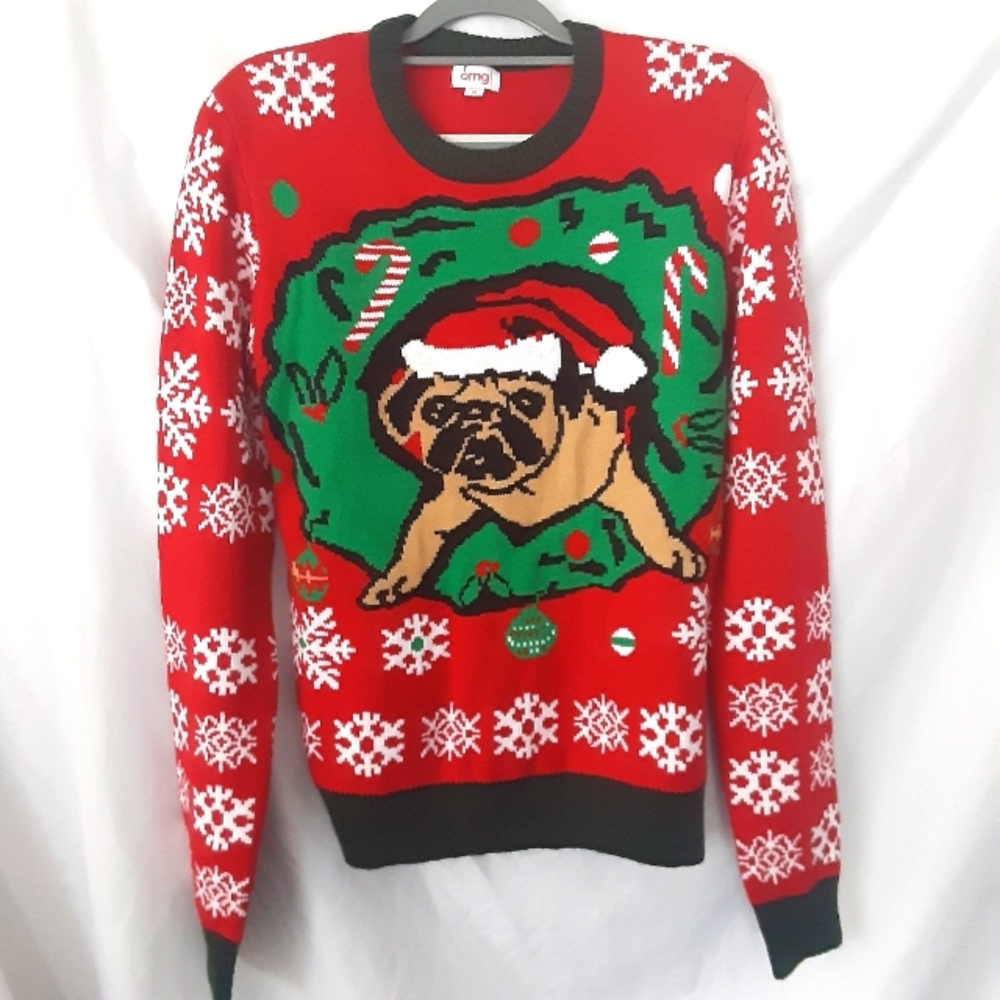 OMG  PUG IN A WREATH SNOWFLAKES ACRYLIC UGLY CHRISTMAS SWEATER SZ UNISEX?  M